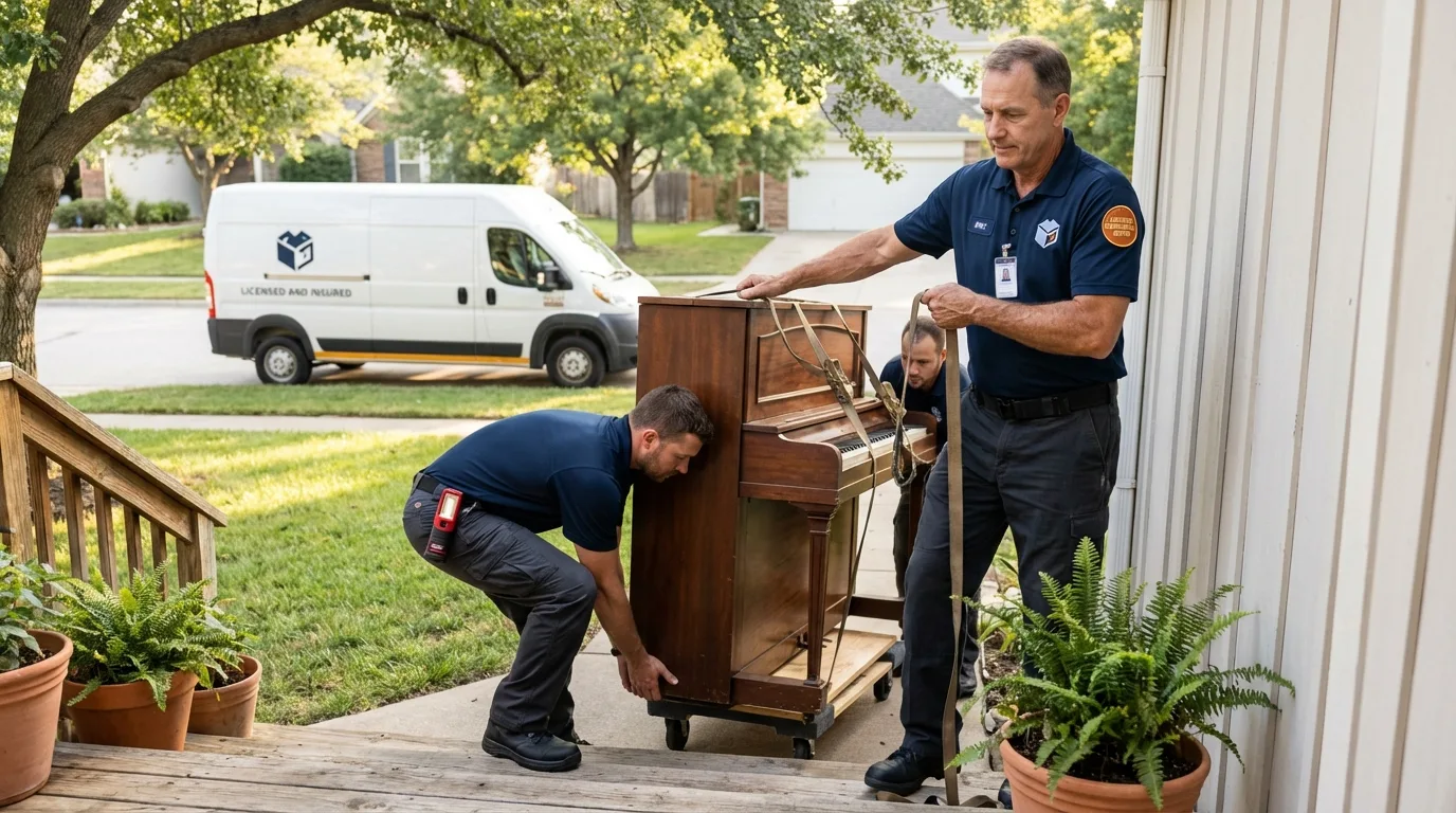 Licensed piano movers securing grand piano in Piedmont, AL