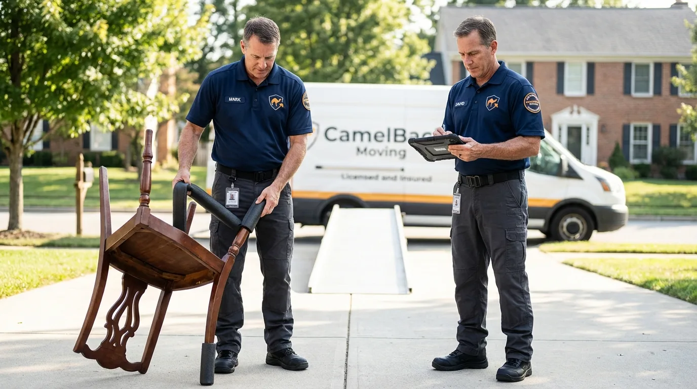 Movers inspecting furniture for damage prevention before loading in Piedmont, AL