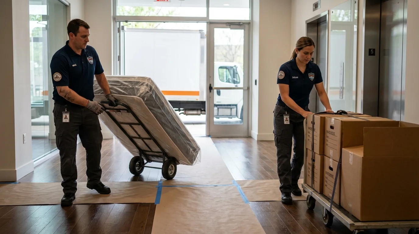 Professional apartment movers loading elevator in Piedmont, AL